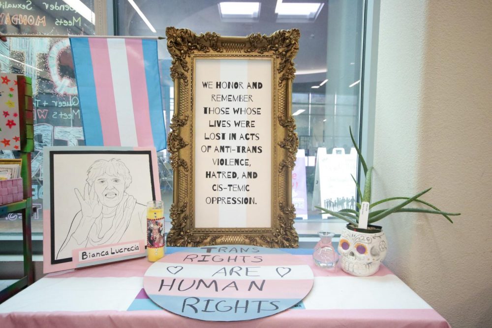 An altar, photographed on Nov. 19, 2019 was created by members of the American River College Pride Center, to honor members of the transgender community who have lost their lives due to gender-based violence and suicide. The altar was created for Trans Day of Remembrance which takes place annually on Nov. 20.  (Photo by Emily Mello)
