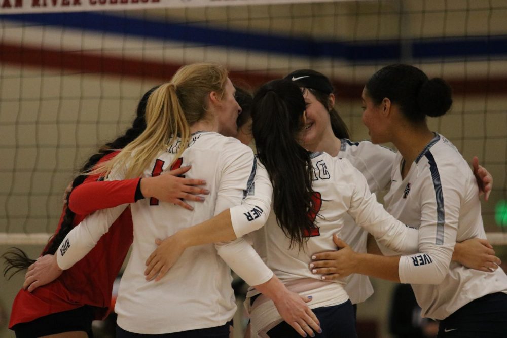 The American River College women’s volleyball team, which won the state championship in 2018, fought hard to try and retain its position through 2019. Players and their supporting faculty are hoping to hit the ground running next year. (Photo by Emily Mello)