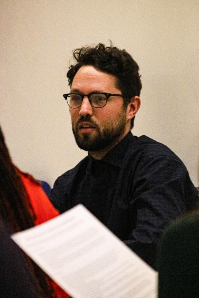 Sociology Professor Jeff Sacha at the first Los Rios Campaign for Family Leave meeting at American River College introducing the leave issues on Jan. 29, 2020.  (Photo by Bram Martinez)