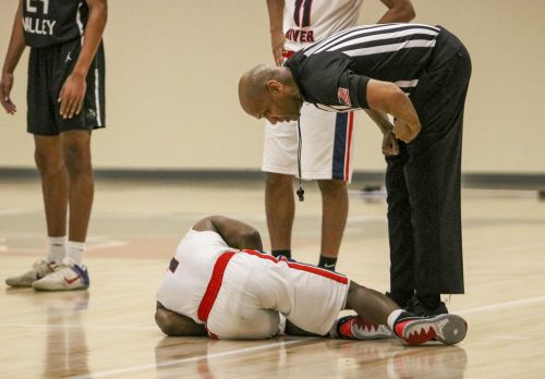 Guard Jair Lang went down with a leg injury in the second half with 15:40 left to go, thankfully he was okay and did return to the game. ARC lost the game 83-72 on Feb. 13, 2020. (Photo by Emily Mello)