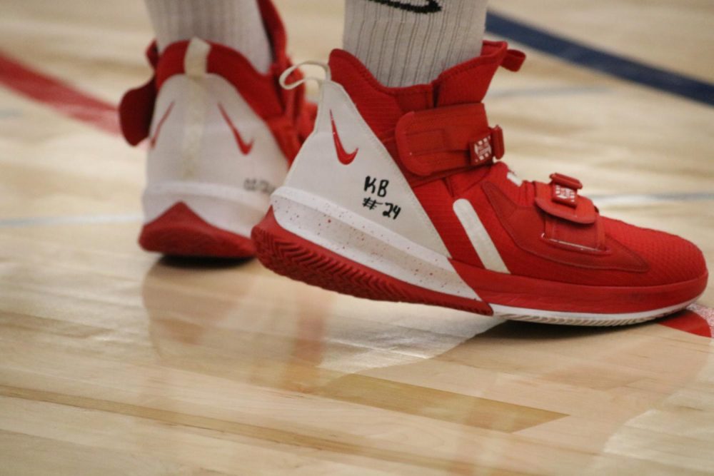 American River College basketball player Vernon Robertson inscribed a tribute to Kobe Bryant on his shoes prior to a game versus Cosumnes River College on Jan. 31, 2020. (Photo by Thomas Cathey)