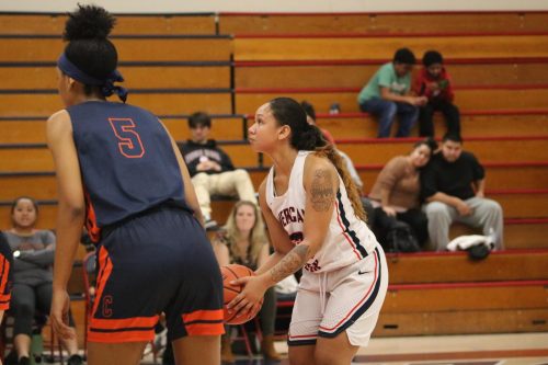 Guard Shantanice Mendoza prepares to shoot a free throw in a home game versus Cosumnes River College on Jan. 31, 2020. (Photo by Thomas Cathey)