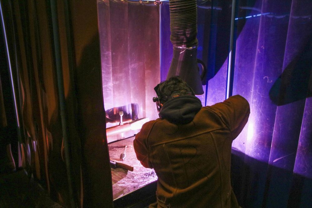  Welding major Trevor Ready works on an assignment during his metal sculpture class on Feb.10, 2020. (Photo by Clifton Bullock)  
