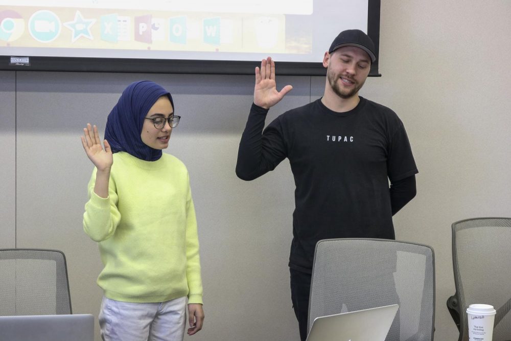 American River College Associated Student Body president Aesha Abduljabbar swears in newest senate member, Ross Kolesnikov at a Student Senate meeting on Feb. 7, 2020. (Photo by Brandon Zamora)