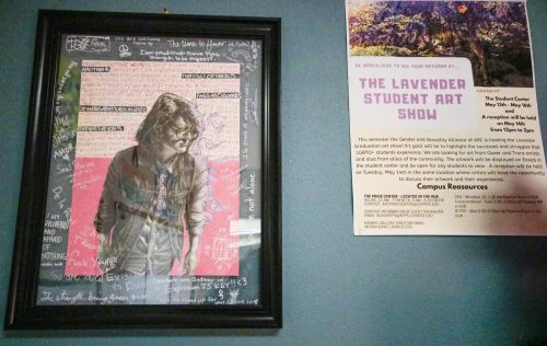 Ryan Sunzeri’s artwork hangs in the Pride Center at American River College after winning last year’s Lavender Art Show. The Lavender Art Show highlights art from ARC’s LGBTQ+ students and faculty and will be held on Feb. 24-26 in the Student Center. (Photo by Oden Taylor) 
