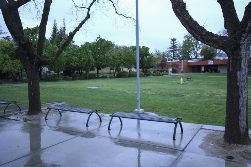 The benches in front of the library at American River College are empty on March 16, 2020 due to the suspension of face-to-face classes in an effort to prevent the spread of coronavirus. The entire campus will be closed to both faculty and students on March 18. (Photo by Oden Taylor)