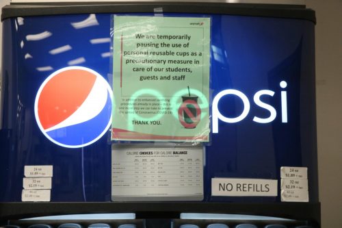 As a precaution to prevent a coronavirus spread, the use personal reusable cups will be prohibited at the soda fountains located in the ARC cafeteria. (Photo by Thomas Cathey)