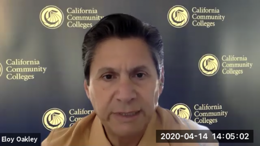 Pictured here is a screenshot from a virtual press conference hosted by CCC Chancellor Eloy Ortiz Oakley as he addresses student media in on April 14, 2020. 