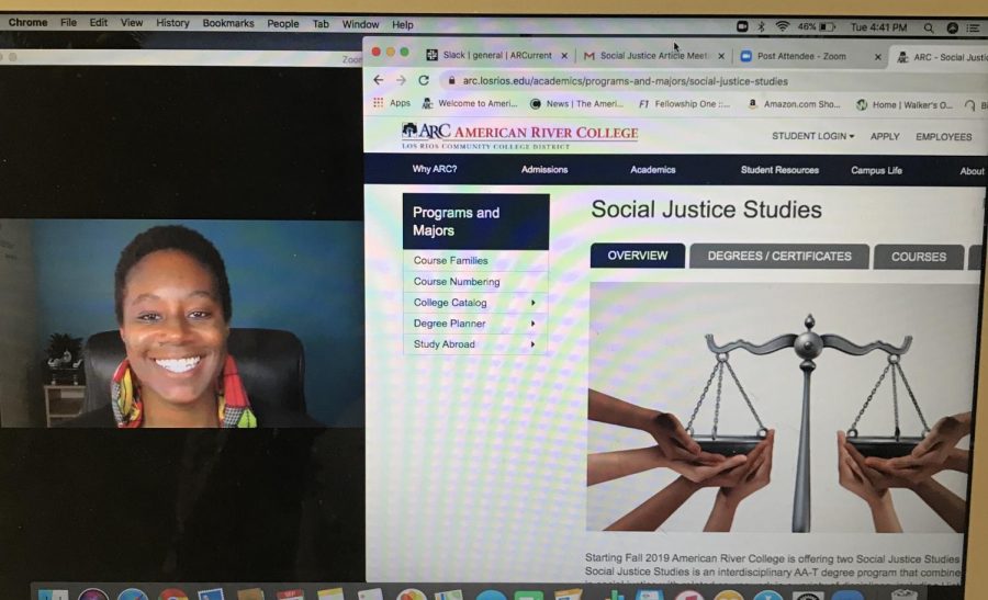 Asha Wilkerson, department chair of Legal Studies, and Sociology professor for the fall 2020 semester is co-teaching Introduction to Social Justice Studies (SJS 300) in a synchronous online course at American River College. The SJS 300 course is a required course for students majoring in social justice. (Photo by Ariel Caspar)