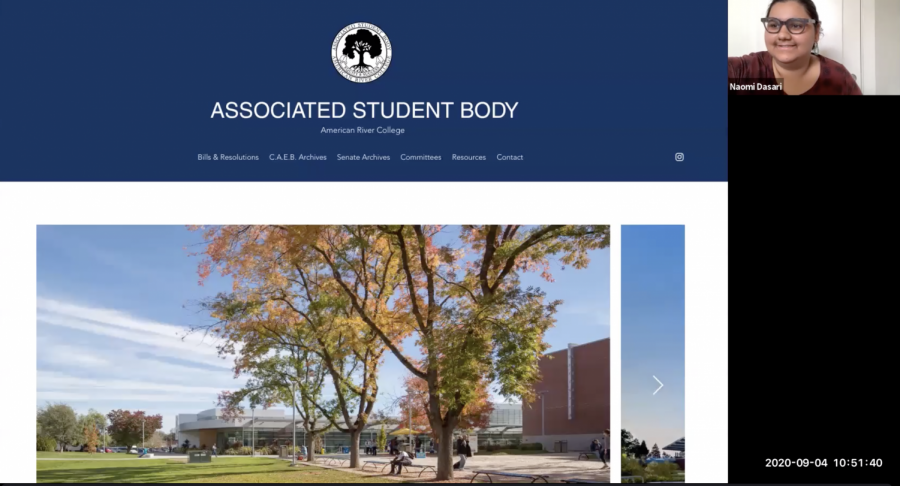 American River Colleges Student Senate president Naomi Dasari explains the new independently-operated ARC Associated Student Body website during the meeting on Sep. 4, 2020.