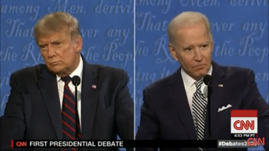 President Donald Trump (left) and former Vice President Joe Biden (right) go head-to-head in the first of three scheduled presidential debates on Sept. 29, 2020. The Commission on Presidential Debates at Case Western Reserve University and the Cleveland Clinic in Cleveland hosted the event and Fox News’ Chris Wallace moderated. 
(CNN screenshot)