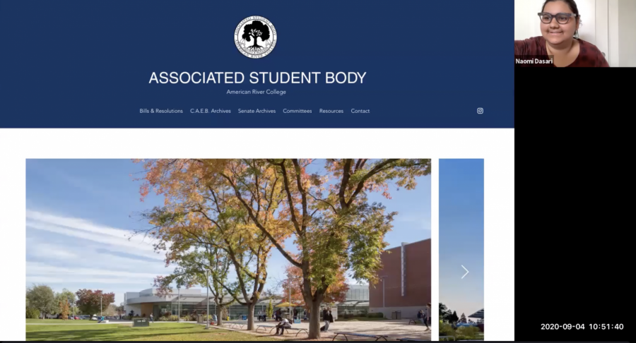 Student Senate president Naomi Dasari explains the new independently-operated ARC Associated Student Body website during the meeting on Sept. 4, 2020.