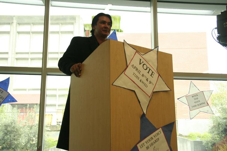 Former Associated Student Body Student Senate Director of Finance, Jorge Riley, speaks in the American River College Student Center at the candidate forum during the Spring 2014 ASB elections. (File Photo)