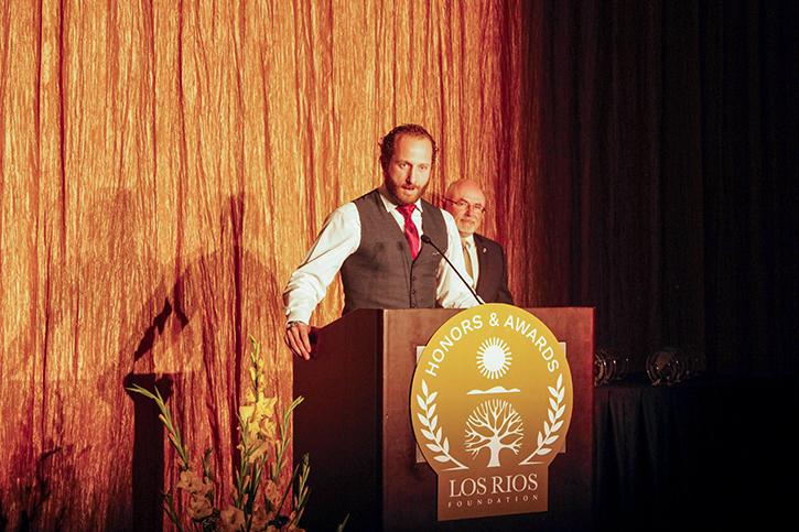 Former Oakland Athletics player and American River College alumnus, Dallas Braden speaks to attendees of the Los Rios Foundation Honors and Awards Gala at the Sheraton Grand Hotel in Sacramento on Oct. 23, 2015. Braden was a guest at the gala where he was one of four alumni honored by the foundation on the occasion of the Los Rios districts 50th anniversary. (File Photo).