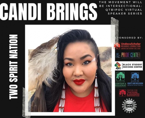 Queer, nonbinary, Native two-spirit activist Candi Brings Plenty, was promoted on UNITE’s Instagram before their appearance in The Movement Will Be Intersectional speaker series, at American River College in Spring 2021. (Photo via UNITE’s Instagram)

