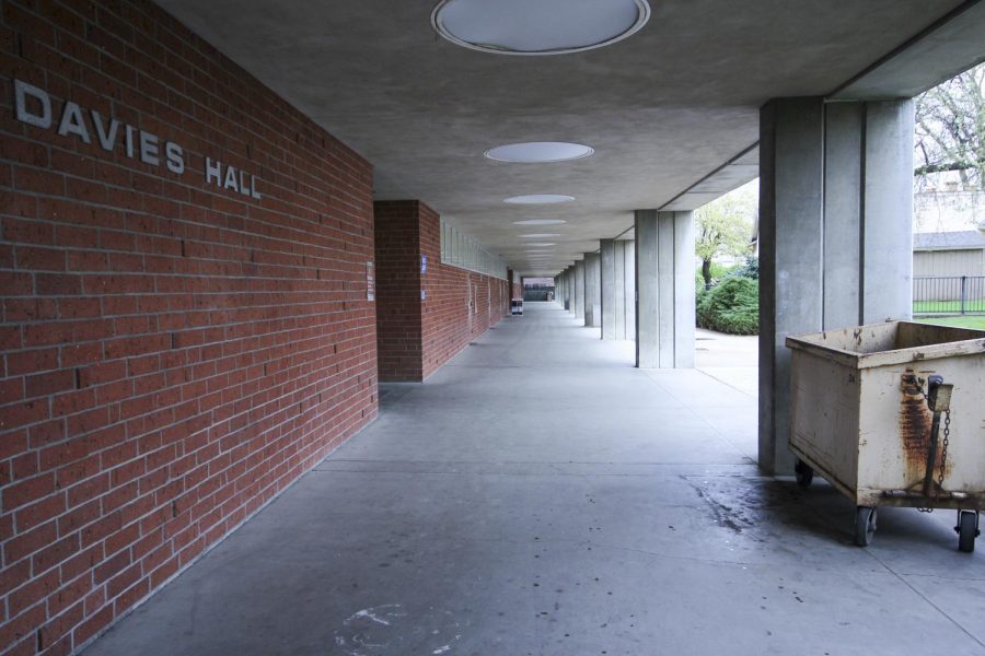 On March 16, 2020 the area outside of Davie’s Hall at American River College is completely empty, as face-to-face classes have been suspended indefinitely in an effort to contain the COVID-19 virus. After more than a year of lockdown, the ARC campus plans to reopen itself to students in Fall 2021. (Photo by Oden Taylor)  