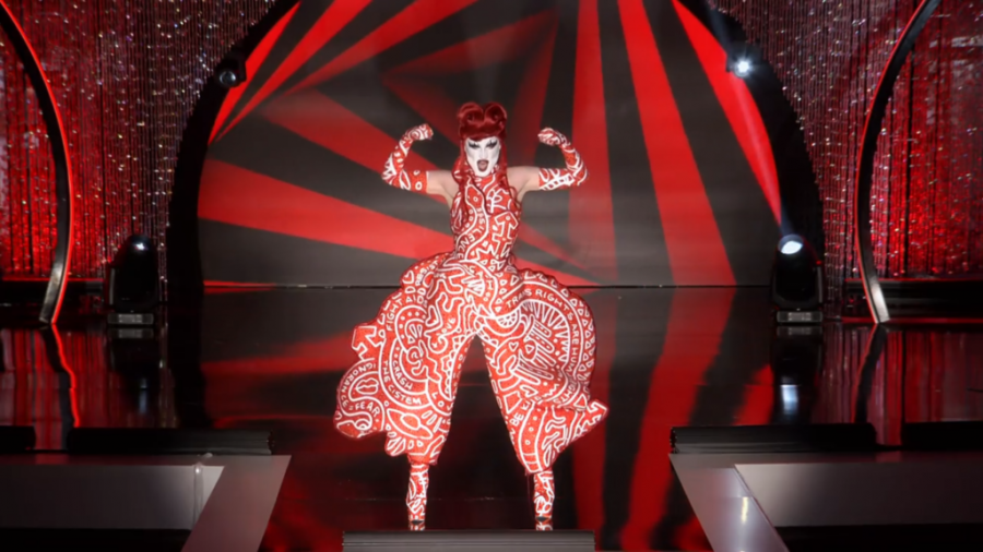 Third place queen of Season 13 of “RuPaul’s Drag Race, Gottmik also known as Kade Gottlieb, represents trans men in the finale with a beautiful statement gown inspired by queer icon Keith Haring. (Photo courtesy of World of Wonder)