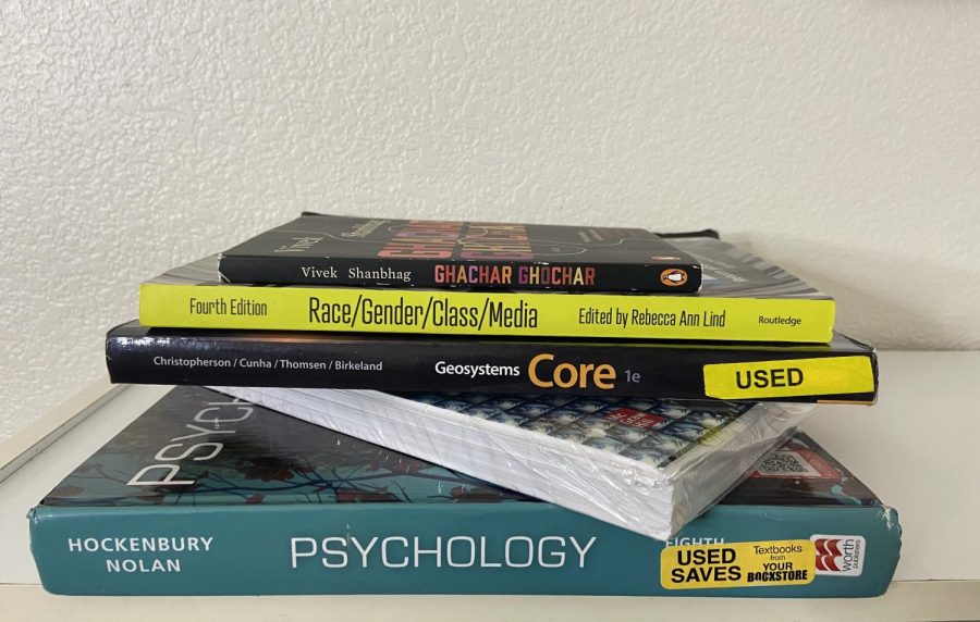 Many+student%E2%80%99s+textbooks++are+starting+to+pile+up+because+it+is+challenging+to+sell+them+back.+Professors+need+to+take+the+time+to+research+different%2C+more+affordable+and+accessible+options+for+their+students+instead.+%28Photo+illustration+by+Maya+Barber%29%0A