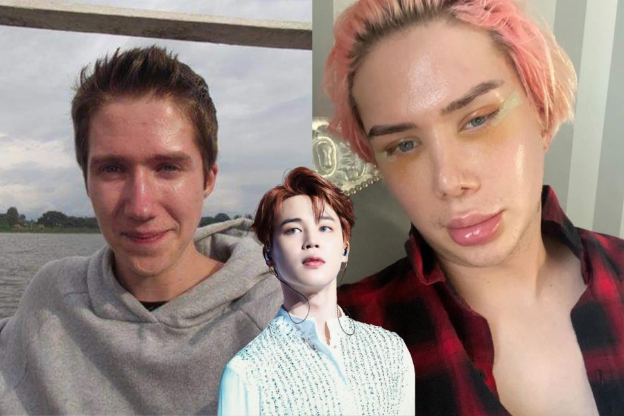 Oli London, a British influencer and singer who is white paid thousands of dollars on cosmetic surgeries in an attempt to look like Korean pop star Jimin from BTS. London claims to be Korean and deceives the media and their followers by pretending to be someone they’re not. (Photo illustration by Madison Duong)