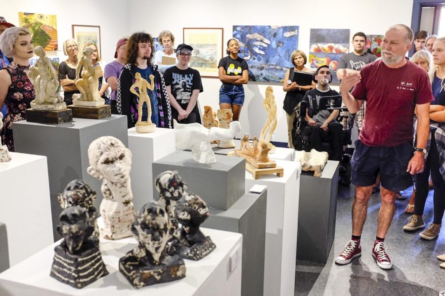 Art Professor Craig Smith speaks at the Kaneko Gallery about the Symbols of Objects exhibition opening reception on August 30, 2018. The art department at American River College will have their first live showing of the Kaneko Gallery, twenty months after the campus was closed due to the COVID-19 pandemic, in the spring semester of 2022. (File Photo)