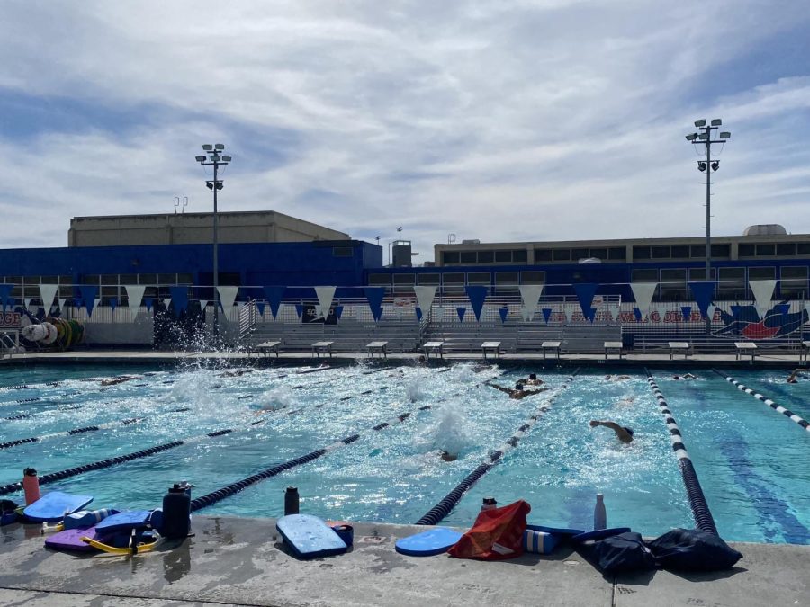 The American River College Women’s Swim and Dive team trains for upcoming State Championships in the spring semester of 2022. (Photo by Alyssa Branum)