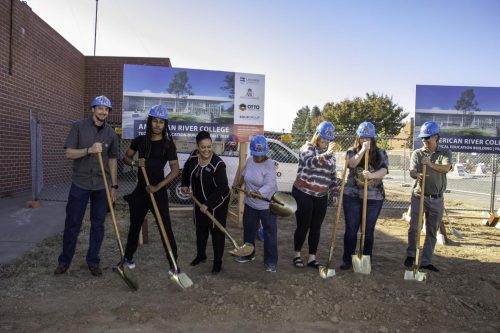 ARC President Melanie Dixon breaking ground with students; Joaquin Holland, Haley Dildine and Jess Walden for the new Career Technical Education facility building on Oct. 20. (Photo courtesy of Cecilla Baldwin).