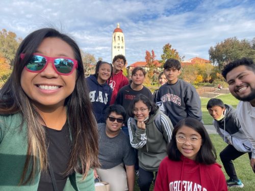 Dual enrollment student Jose Morales and the College Tour Club of Grant Union High School in front of the Hoover Tower at Stanford University for a campus tour. (Photo courtesy of Jose Morales)