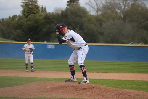 American River College pitcher Jake Morell on the mound in game one of a three-game series against Sierra College on March 23. (Photo by Matthew Soderlund)