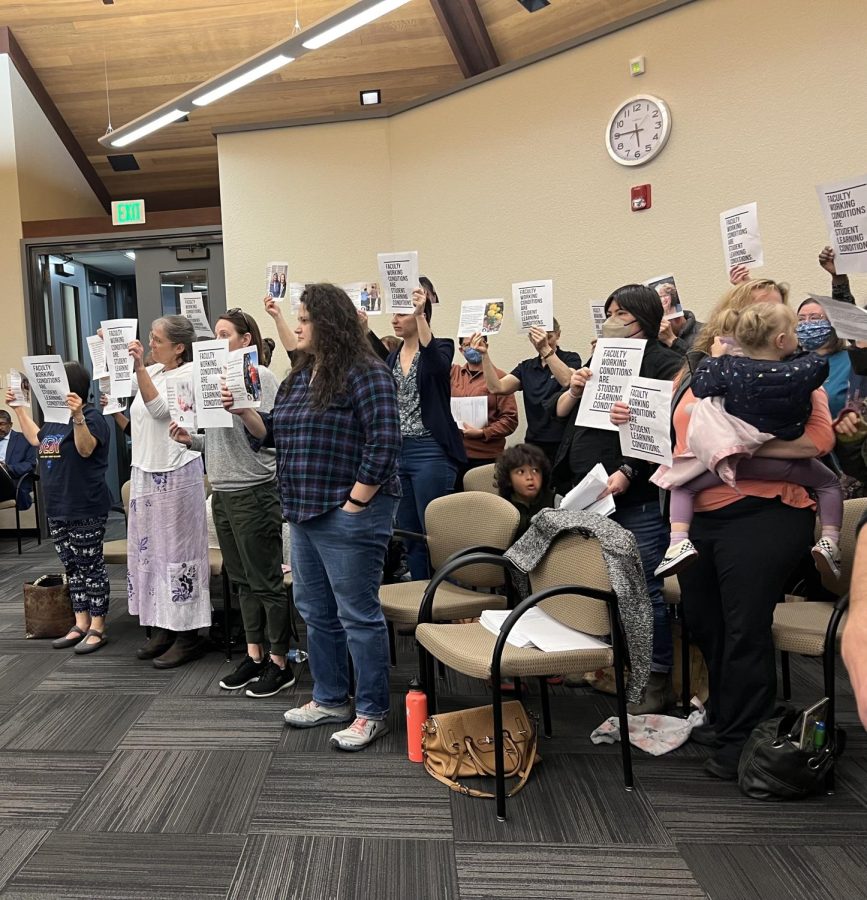The campaign for Family Workplace Justice attended a boards of trustees meeting on March 8 at the Los Rios District Office. They have received a third of the signatures needed for a petition calling to improve workplace benefits. (Photo courtesy of Sara Smith)
