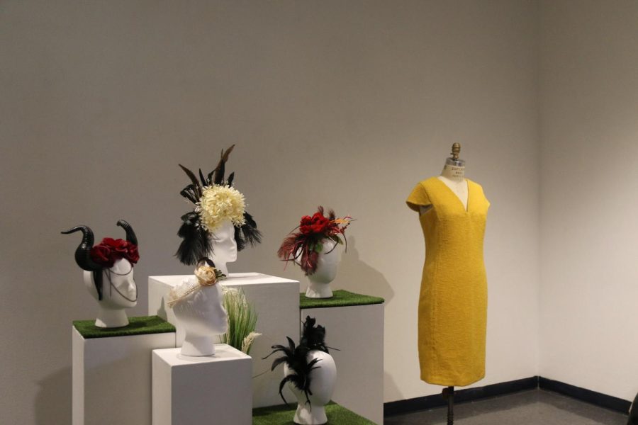 Head pieces designed by Tracey Benedict along with a dress designed by Thomas Gatewood at the Kaneko Gallery on April 4, 2023. (Photo by Jeralynn Querubin)
