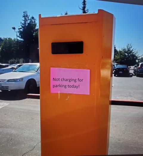 The Los Rios Community College District is back to charging for parking since the pandemic. If the daily parking machines aren’t working students won’t be required to pay for parking. (Photo by Joseph Bianchini)