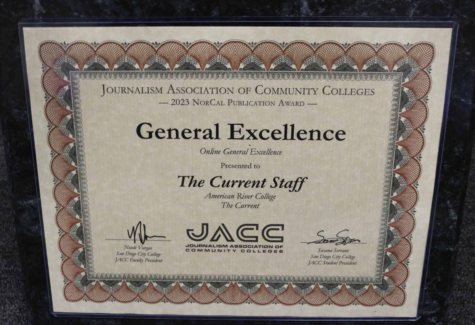 At this year’s Journalism Association of Community Colleges NorCal Regional Conference, The Current earned an Online General Excellence award for the second straight year. (Photo by Joseph Bianchini)