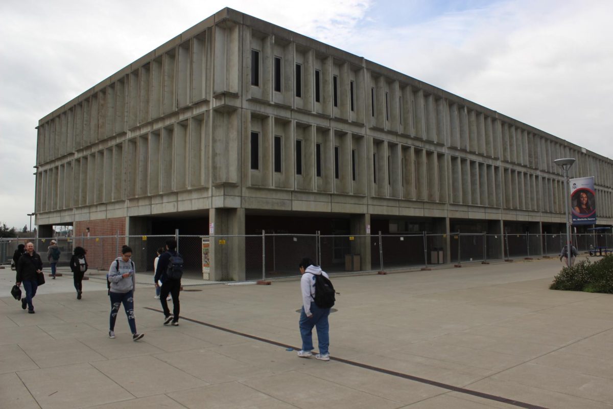 Davies Hall, pictured on February 29, 2024, is currently fenced off from the American River College community. (Photo by Waheed Daud)