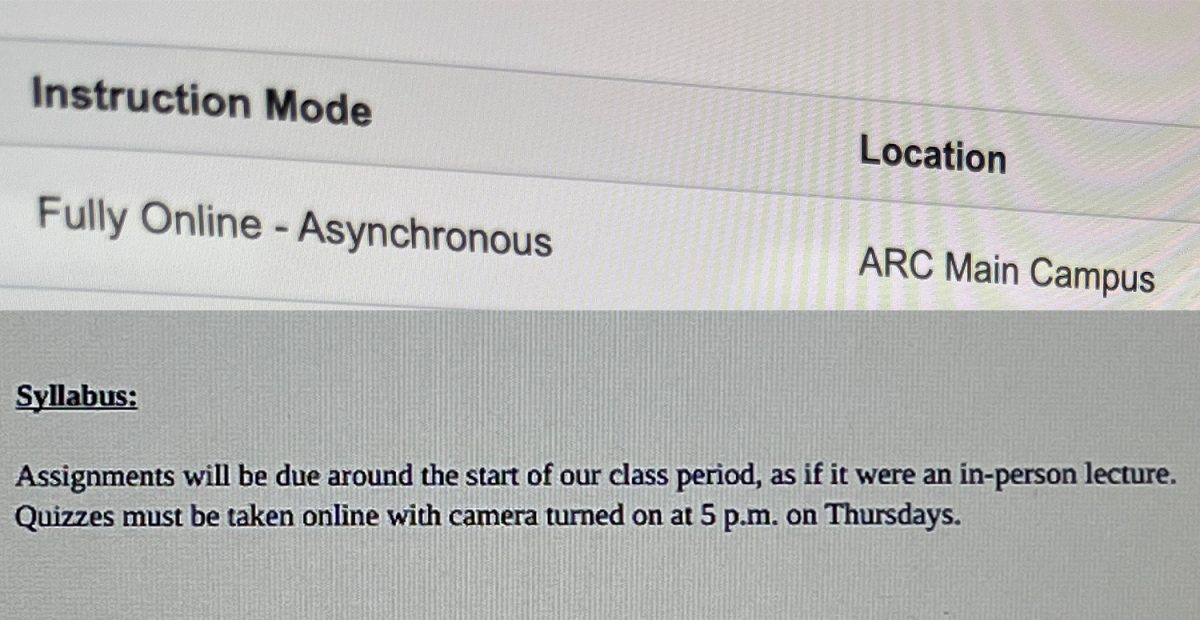 Class+schedules+in+eServices+list+classes+as+asynchronous%2C+with+no+scheduled+meeting+times.+But+when+students+look+at+the+syllabus+for+the+class+it+may+show+different%2C+unexpected+requirements.+%28Photo+Illustration+by+Heather+Amberson%29+