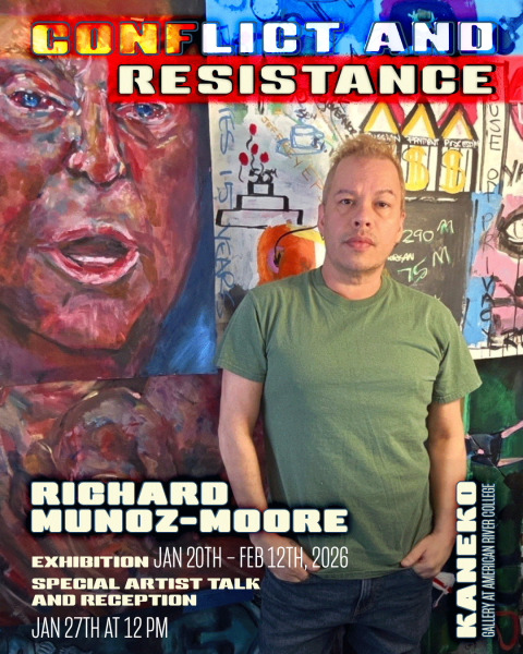 Richard Munoz-Moore stands in front of his works on display in the “Conflict and Resistance” exhibition at the James Kaneko Gallery at American River College. (Photo courtesy of the Kaneko Gallery) 